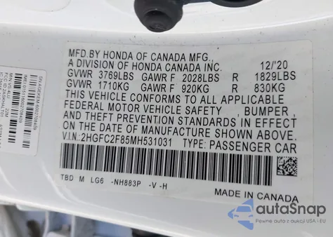 2021 Honda Civic Sport z USA, uszkodzony, nr VIN 2HGFC2F85MH531031